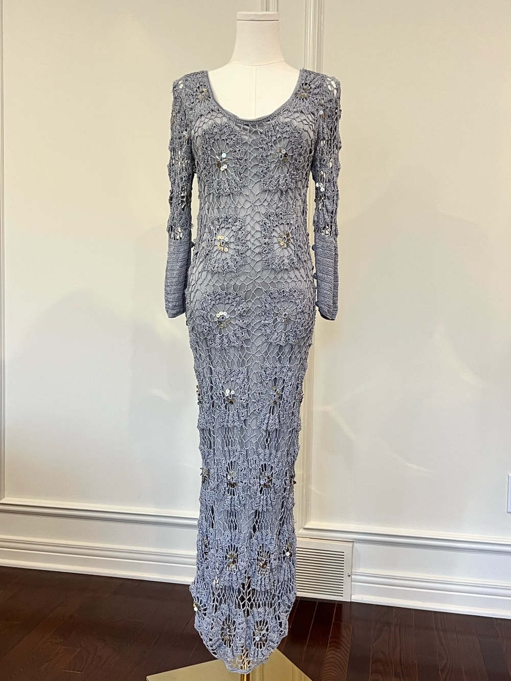 Vintage Hand Crochet Sequin Maxi Dress Grey Silver Mermaid Sirencore Gown